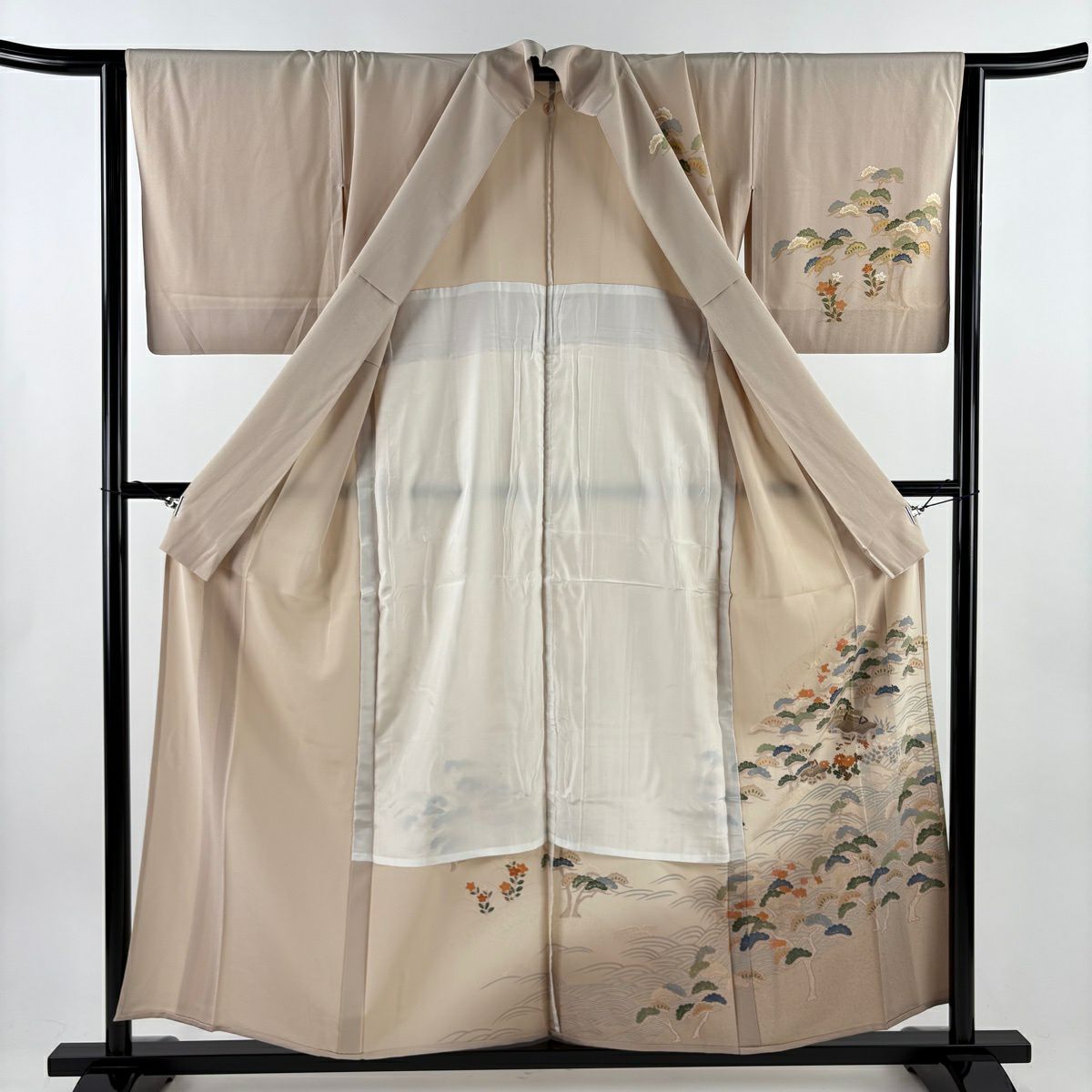 【美品】訪問服 身長155cm 袖長63.5cm S 單層 松樹梅花 家屋 金銀彩 漸層 米色 純蠶絲 秀品級 一個紋
