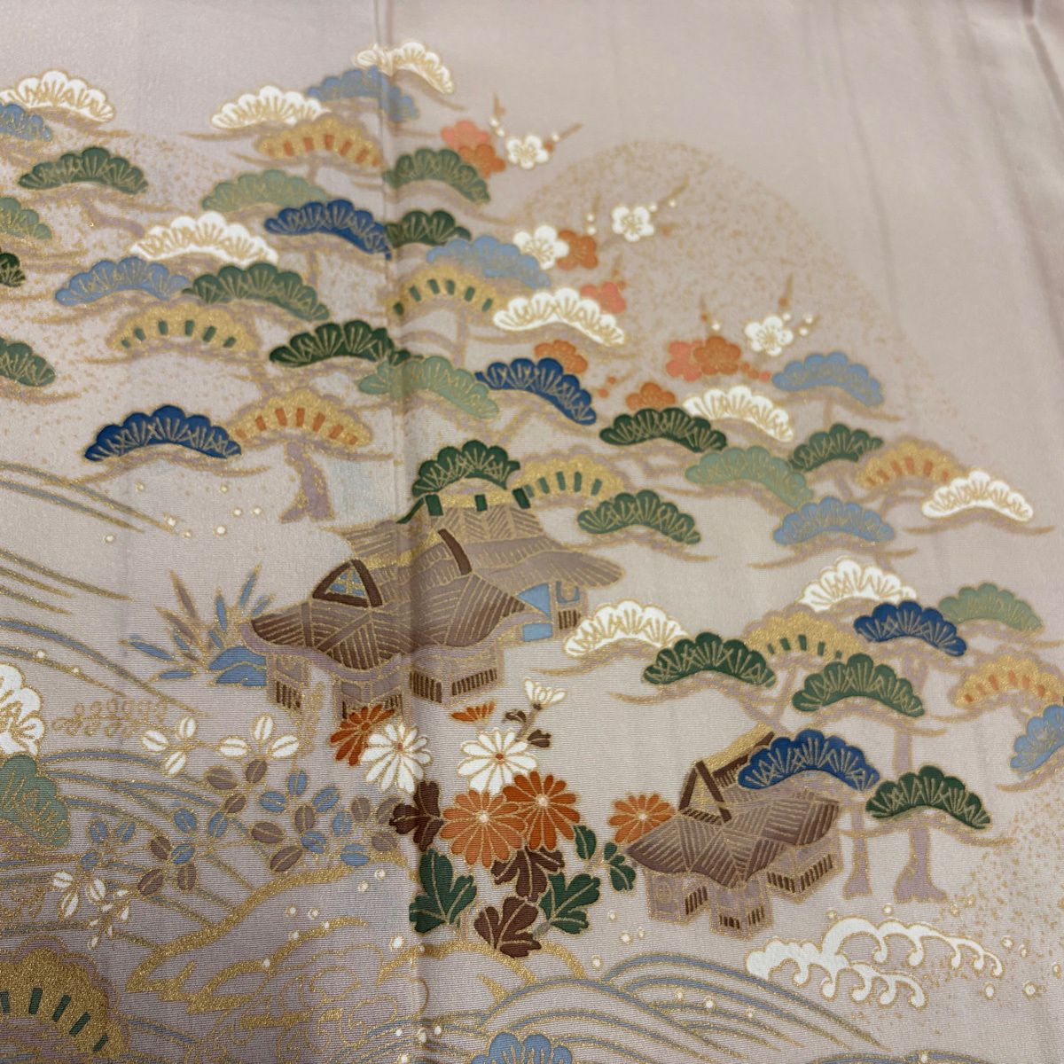 【美品】訪問服 身長155cm 袖長63.5cm S 單層 松樹梅花 家屋 金銀彩 漸層 米色 純蠶絲 秀品級 一個紋
