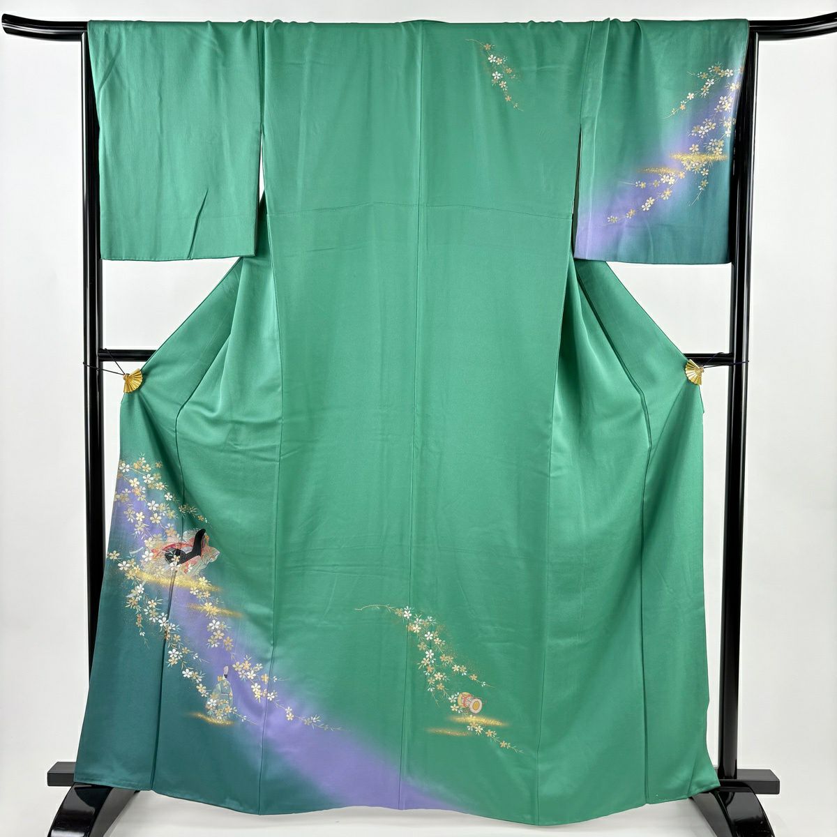 付下 身長164cm 袖長68cm L 雙層 大和 姫 櫻花 金銀彩 染分 綠 純蠶絲 優品級