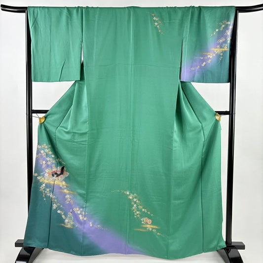 付下 身長164cm 袖長68cm L 雙層 大和 姫 櫻花 金銀彩 染分 綠 純蠶絲 優品級