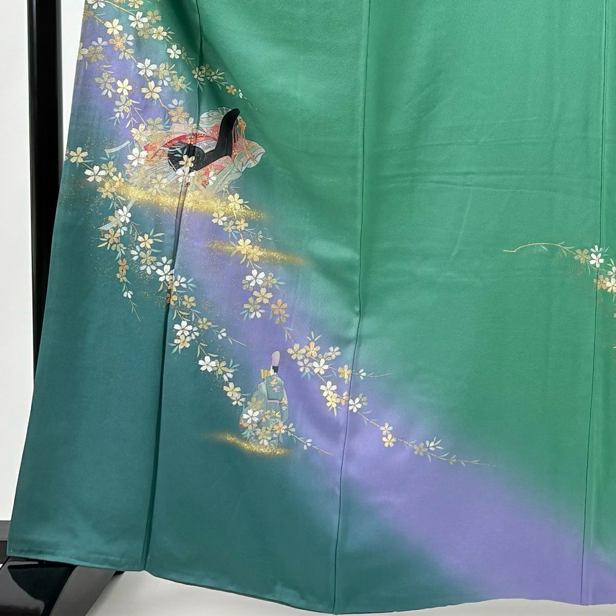 付下 身長164cm 袖長68cm L 雙層 大和 姫 櫻花 金銀彩 染分 綠 純蠶絲 優品級