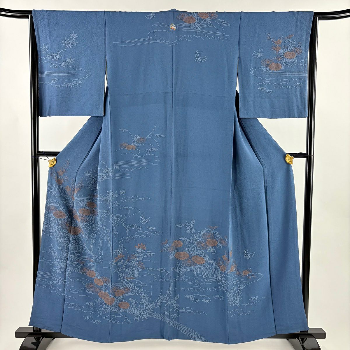 訪問服 身長158cm 袖長64.5cm M 雙層 菊花 流水 刺繡 縮緬 藍色 純蠶絲 秀品級 一つ紋