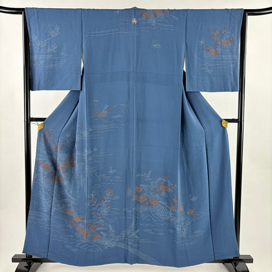 訪問服 身長158cm 袖長64.5cm M 雙層 菊花 流水 刺繡 縮緬 藍色 純蠶絲 秀品級 一つ紋