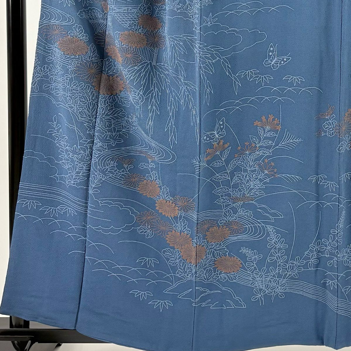 訪問服 身長158cm 袖長64.5cm M 雙層 菊花 流水 刺繡 縮緬 藍色 純蠶絲 秀品級 一つ紋