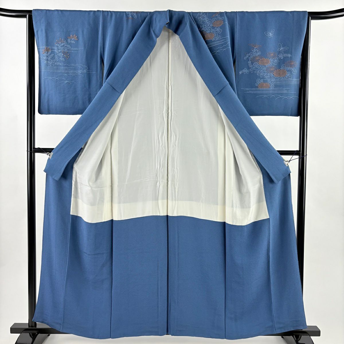 訪問服 身長158cm 袖長64.5cm M 雙層 菊花 流水 刺繡 縮緬 藍色 純蠶絲 秀品級 一つ紋