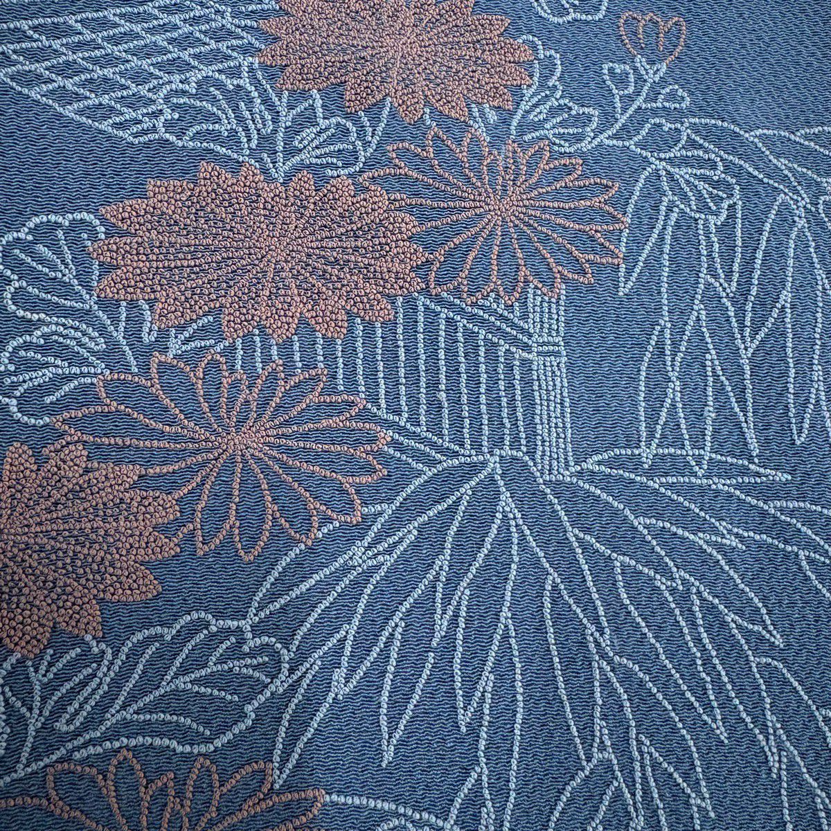 訪問服 身長158cm 袖長64.5cm M 雙層 菊花 流水 刺繡 縮緬 藍色 純蠶絲 秀品級 一つ紋