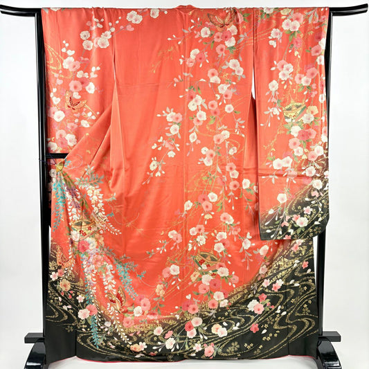 振袖禮服 身長169cm 袖長66cm M 雙層 草花紋紋 蝶 金絲 金銀彩 粉紅 純蠶絲 秀品級