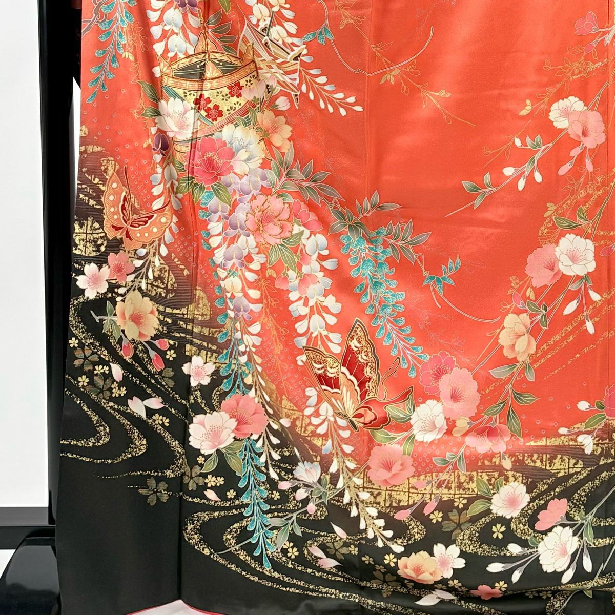 振袖禮服 身長169cm 袖長66cm M 雙層 草花紋紋 蝶 金絲 金銀彩 粉紅 純蠶絲 秀品級