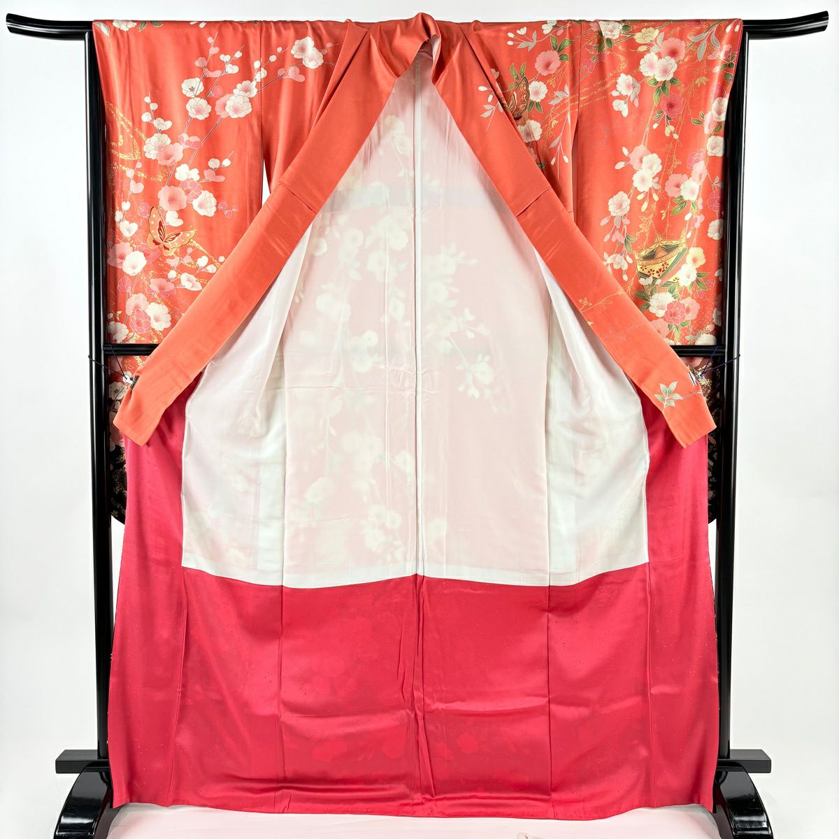 振袖禮服 身長169cm 袖長66cm M 雙層 草花紋紋 蝶 金絲 金銀彩 粉紅 純蠶絲 秀品級