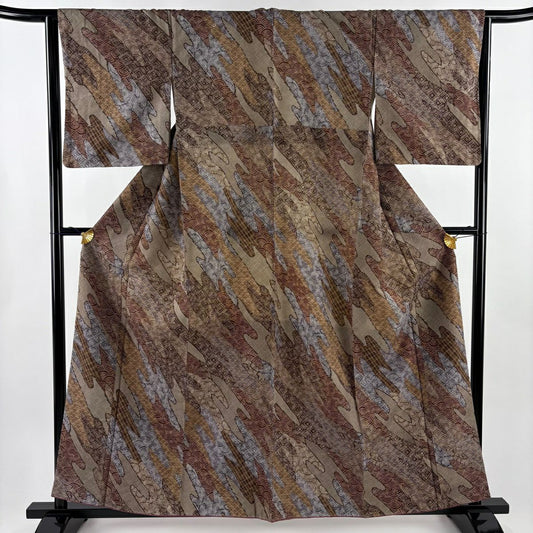 【美品】 小紋 身長159cm 袖長64.5cm M 雙層 紬織織 證書齊全 寄せ花紋 霞 茶 純蠶絲 秀品級