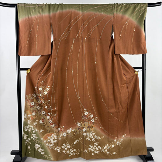 訪問服 身長164.5cm 袖長67.5cm L 雙層 椿 扇子面 金銀彩 漸層 紅茶 純蠶絲 優品級