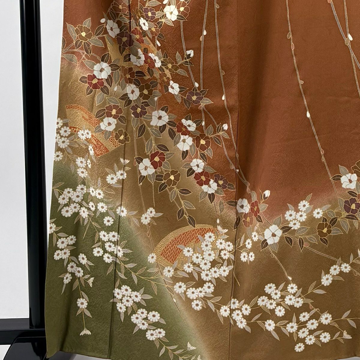 訪問服 身長164.5cm 袖長67.5cm L 雙層 椿 扇子面 金銀彩 漸層 紅茶 純蠶絲 優品級