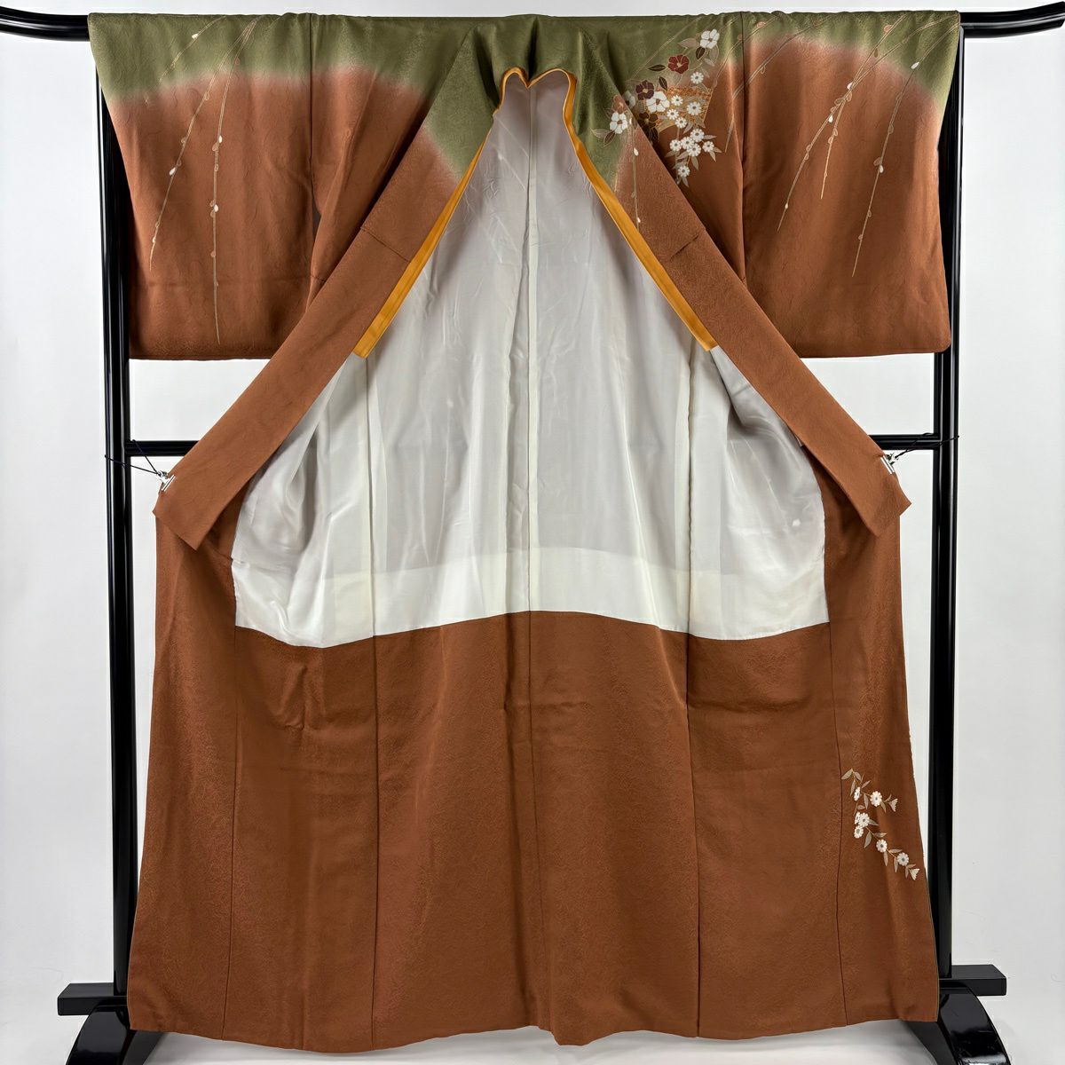 訪問服 身長164.5cm 袖長67.5cm L 雙層 椿 扇子面 金銀彩 漸層 紅茶 純蠶絲 優品級