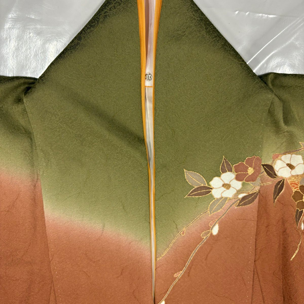 訪問服 身長164.5cm 袖長67.5cm L 雙層 椿 扇子面 金銀彩 漸層 紅茶 純蠶絲 優品級
