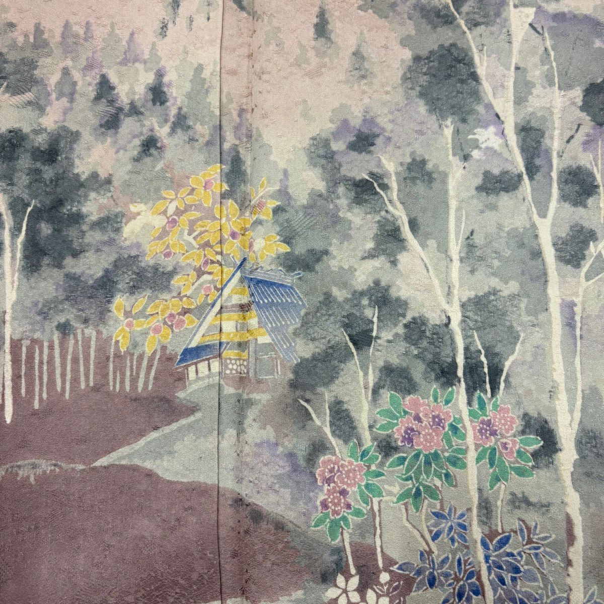 訪問服 身長162cm 袖長64cm M 雙層 風景 建物 漸層 淡小豆 純蠶絲 優品級