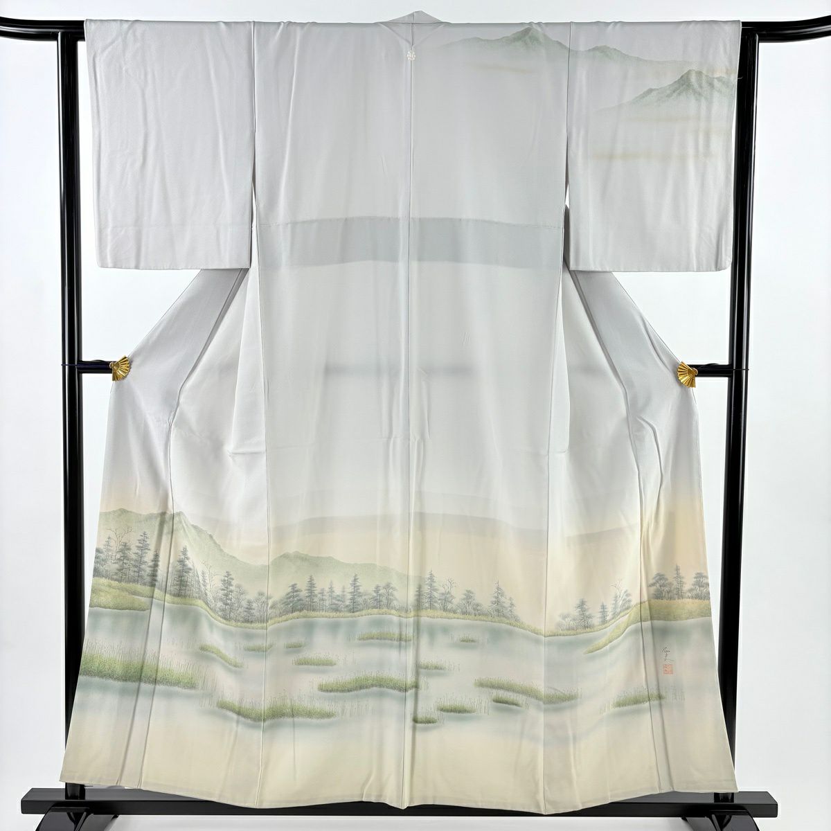 訪問服 身長155cm 袖長63cm S 雙層 落款有 風景 樹木 漸層 灰色 純蠶絲 秀品級 一個紋