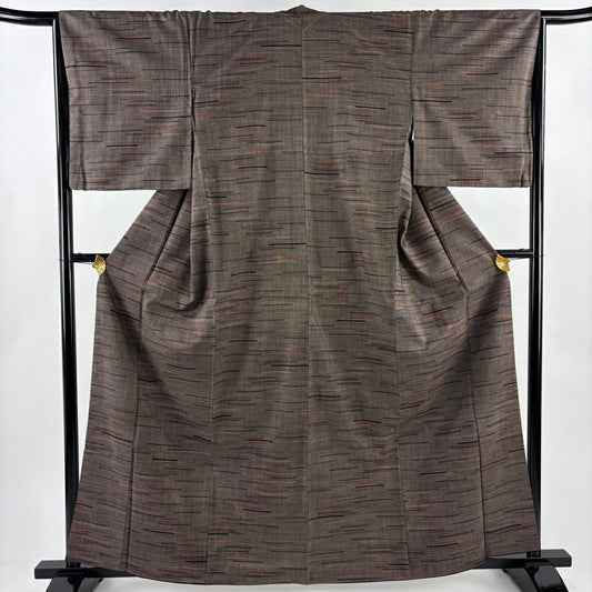 【美品】 紬織 身長163cm 袖長64cm M 雙層 縞 焦茶 純蠶絲 秀品級
