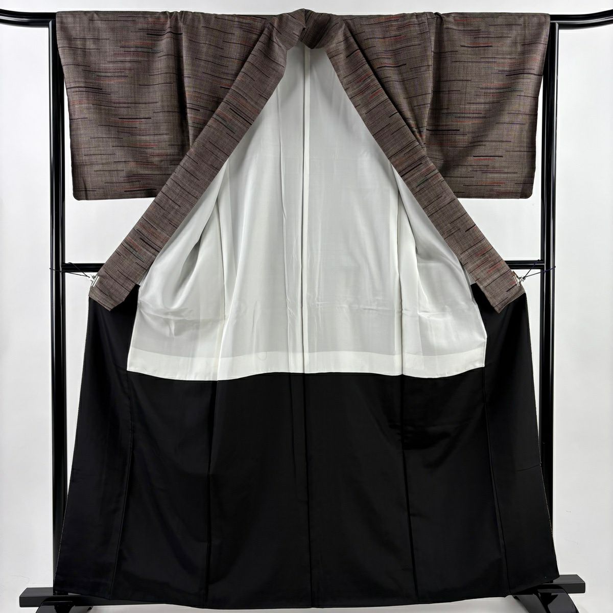 【美品】 紬織 身長163cm 袖長64cm M 雙層 縞 焦茶 純蠶絲 秀品級