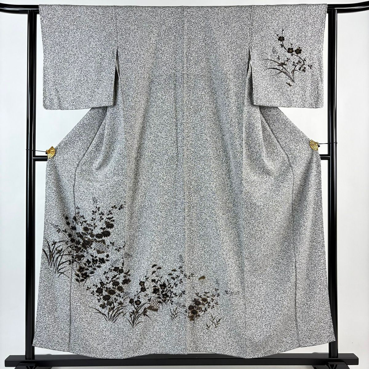 【美品】 付下 身長154cm 袖長62.5cm S 雙層 秋草 有職紋樣 金銀彩 黑灰 純蠶絲 優品級