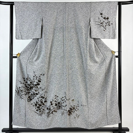 【美品】 付下 身長154cm 袖長62.5cm S 雙層 秋草 有職紋樣 金銀彩 黑灰 純蠶絲 優品級