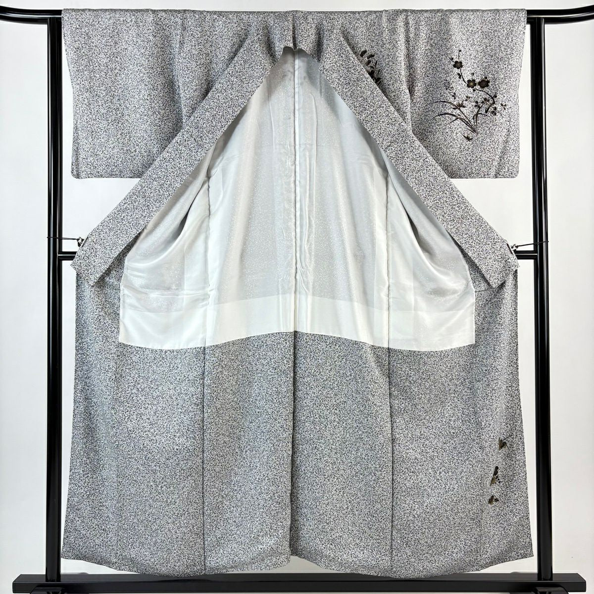 【美品】 付下 身長154cm 袖長62.5cm S 雙層 秋草 有職紋樣 金銀彩 黑灰 純蠶絲 優品級