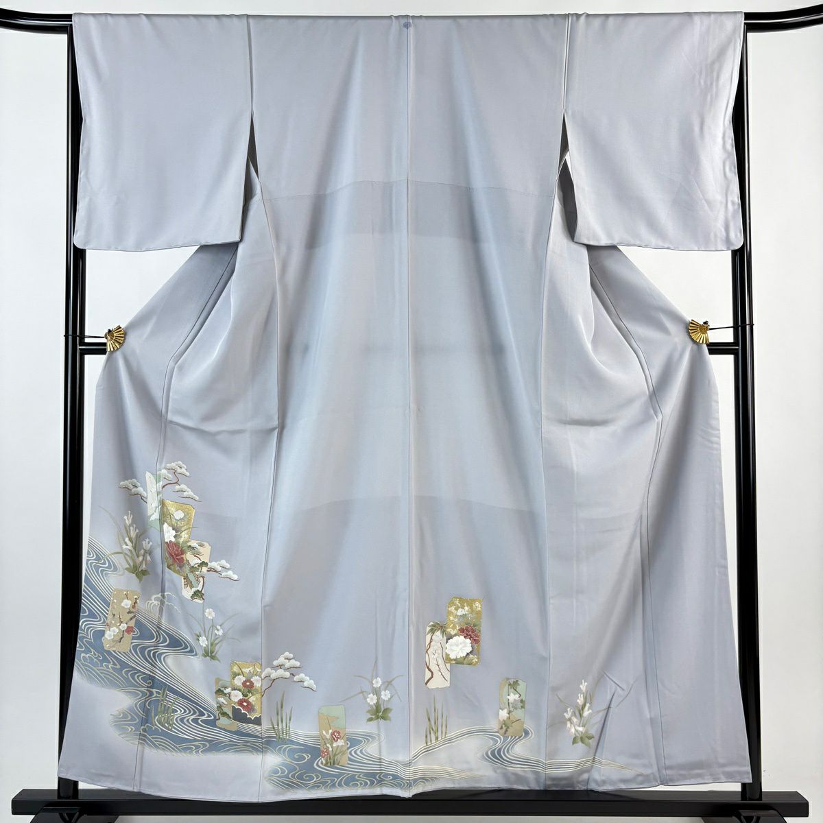 留袖禮服禮服 身長157cm 袖長66cm M 雙層 短冊 花鳥 金絲 金銀彩 青灰 純蠶絲 秀品級 一つ紋