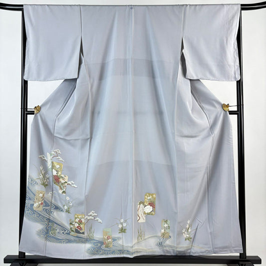 留袖禮服禮服 身長157cm 袖長66cm M 雙層 短冊 花鳥 金絲 金銀彩 青灰 純蠶絲 秀品級 一つ紋