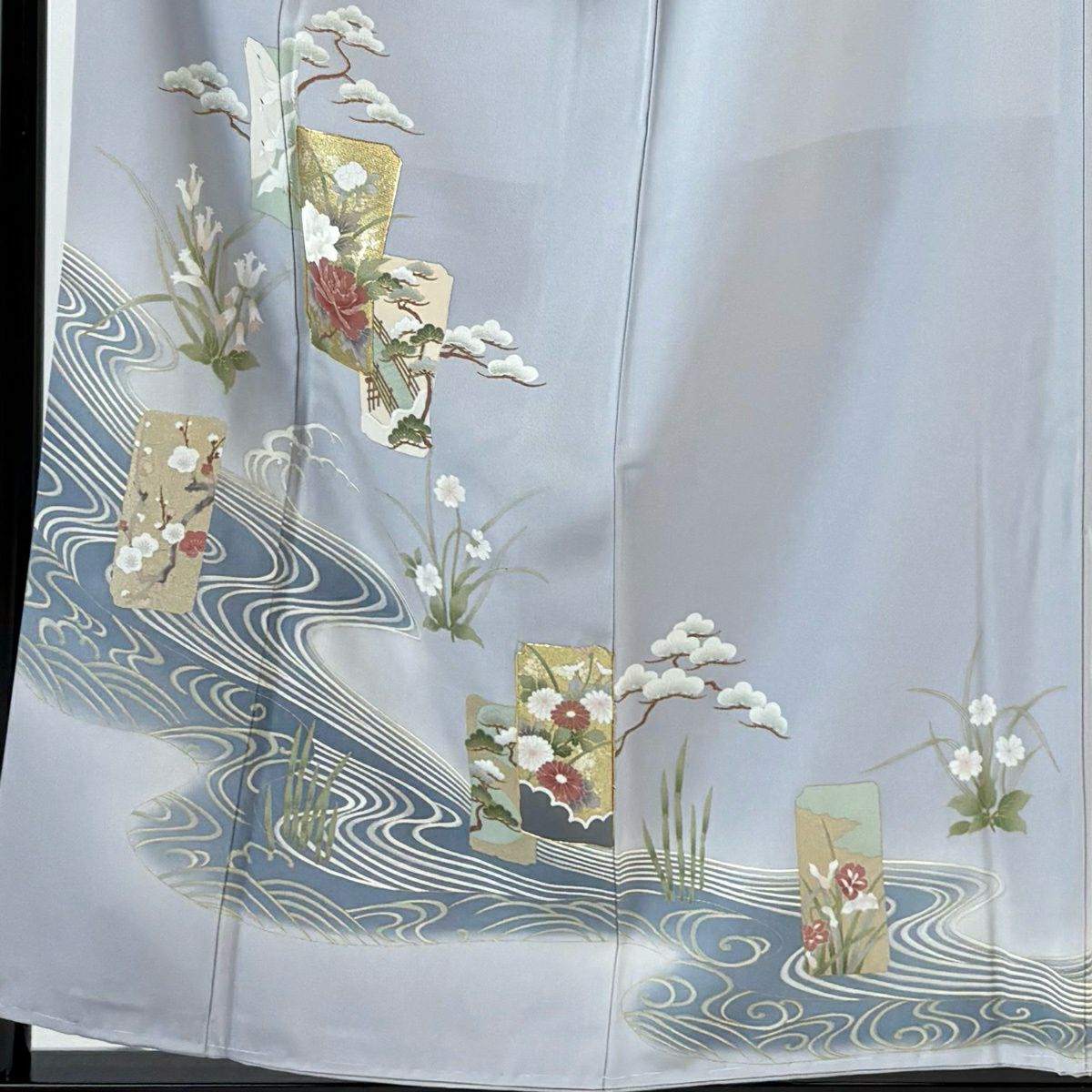 留袖禮服禮服 身長157cm 袖長66cm M 雙層 短冊 花鳥 金絲 金銀彩 青灰 純蠶絲 秀品級 一つ紋