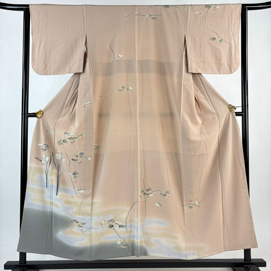訪問服 身長152.5cm 袖長64cm M 雙層 水仙 霞 染分 淡化 粉米色 純蠶絲 優品級