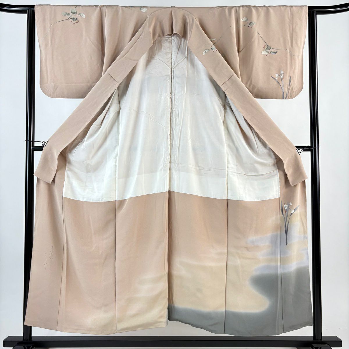 訪問服 身長152.5cm 袖長64cm M 雙層 水仙 霞 染分 淡化 粉米色 純蠶絲 優品級