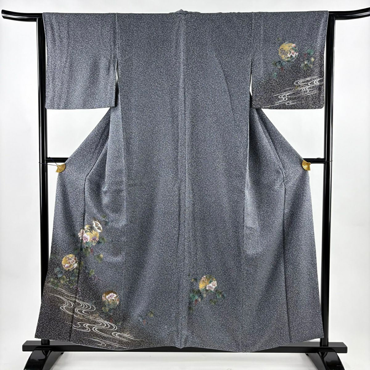 付下 身長156.5cm 袖長64cm M 雙層 草花紋紋 向仙鶴 金銀彩 漸層 青灰 純蠶絲 優品級