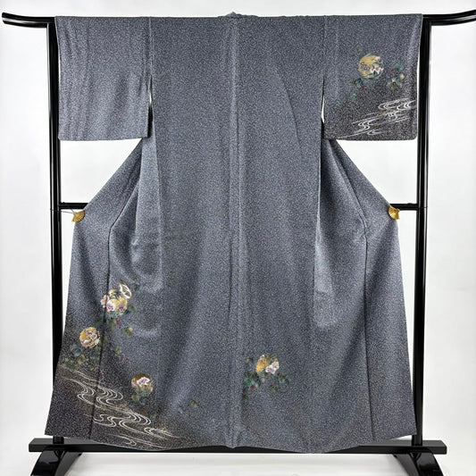 付下 身長156.5cm 袖長64cm M 雙層 草花紋紋 向仙鶴 金銀彩 漸層 青灰 純蠶絲 優品級