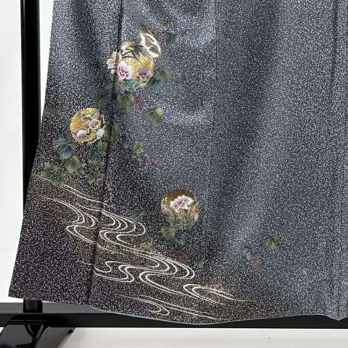 付下 身長156.5cm 袖長64cm M 雙層 草花紋紋 向仙鶴 金銀彩 漸層 青灰 純蠶絲 優品級