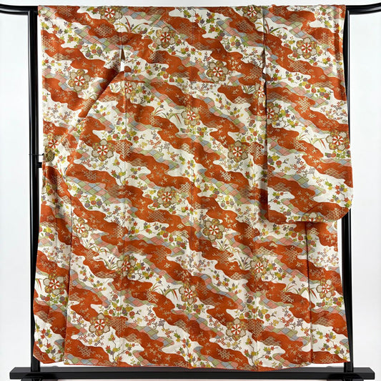 【美品】振袖禮服 身長155cm 袖長64cm M 雙層 華紋 草花紋紋 金銀彩 金通し 紅茶 純蠶絲 秀品級
