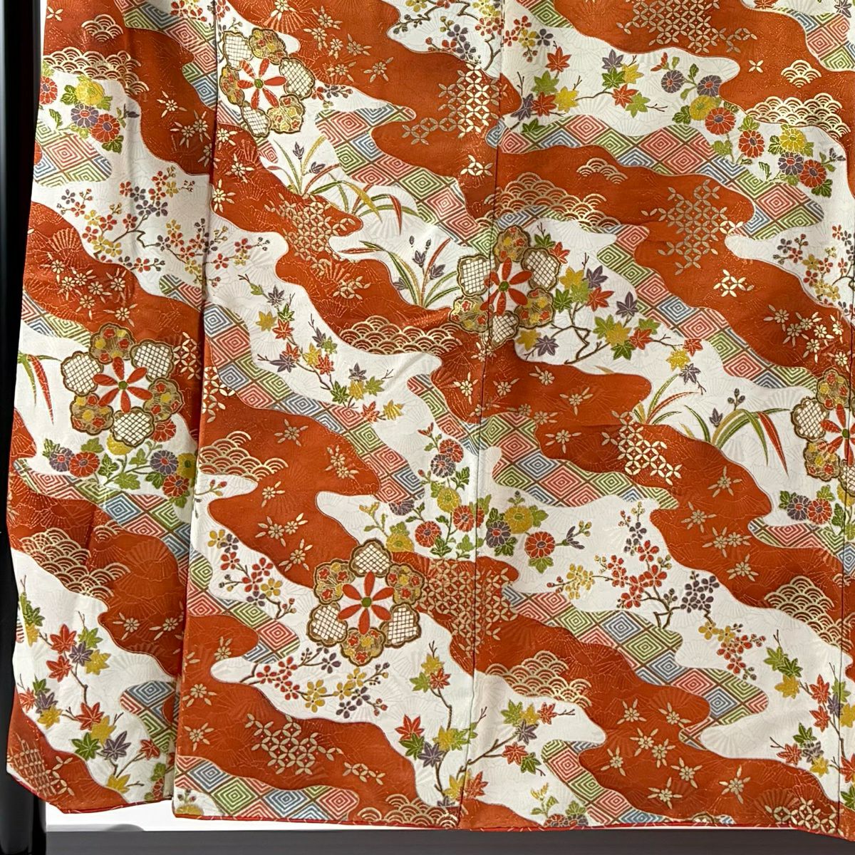 【美品】振袖禮服 身長155cm 袖長64cm M 雙層 華紋 草花紋紋 金銀彩 金通し 紅茶 純蠶絲 秀品級