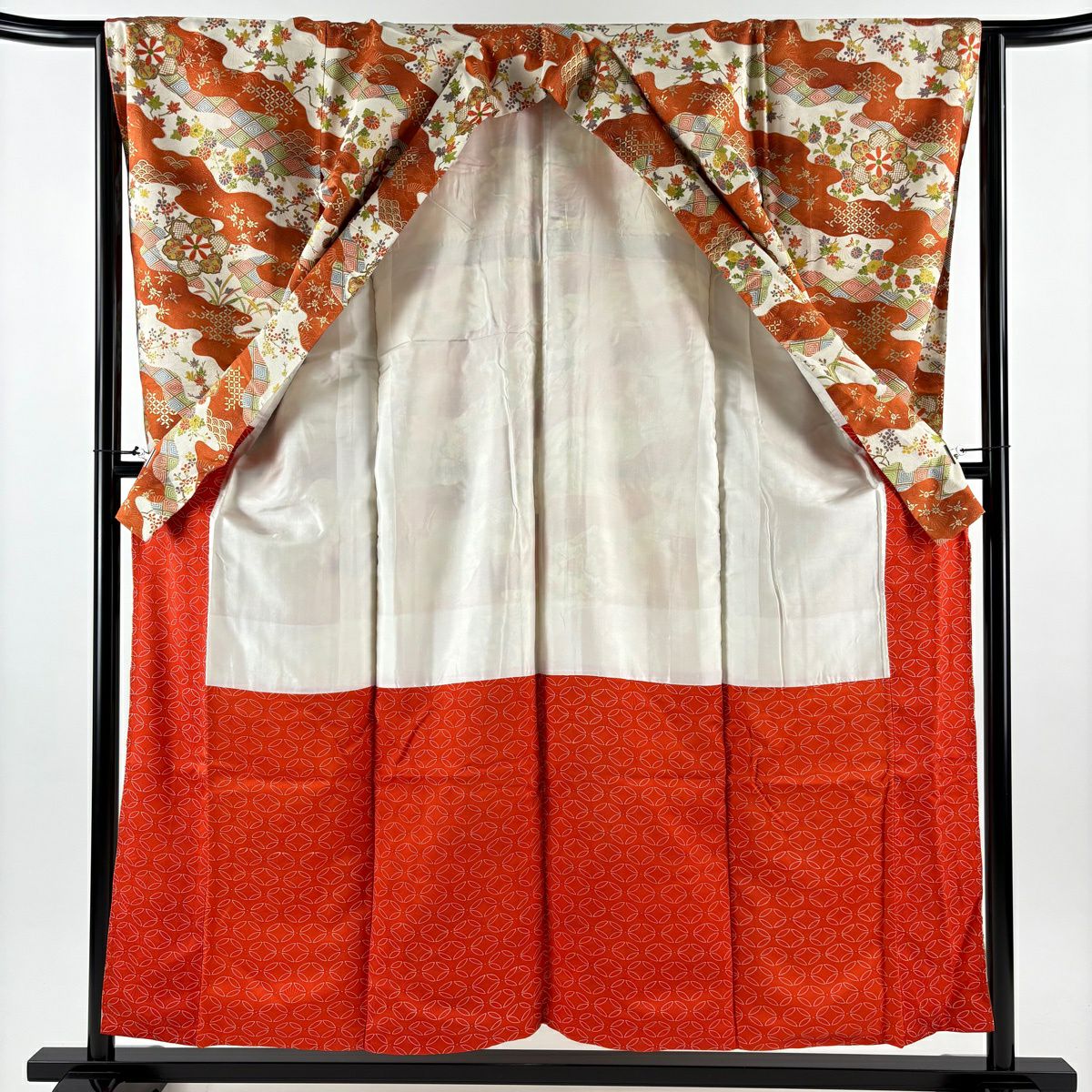 【美品】振袖禮服 身長155cm 袖長64cm M 雙層 華紋 草花紋紋 金銀彩 金通し 紅茶 純蠶絲 秀品級