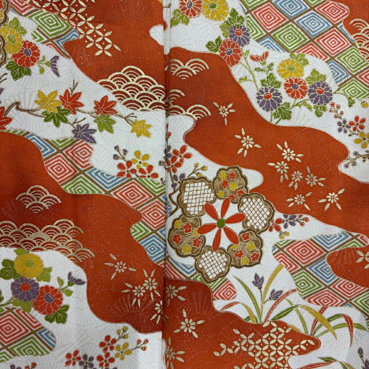 【美品】振袖禮服 身長155cm 袖長64cm M 雙層 華紋 草花紋紋 金銀彩 金通し 紅茶 純蠶絲 秀品級
