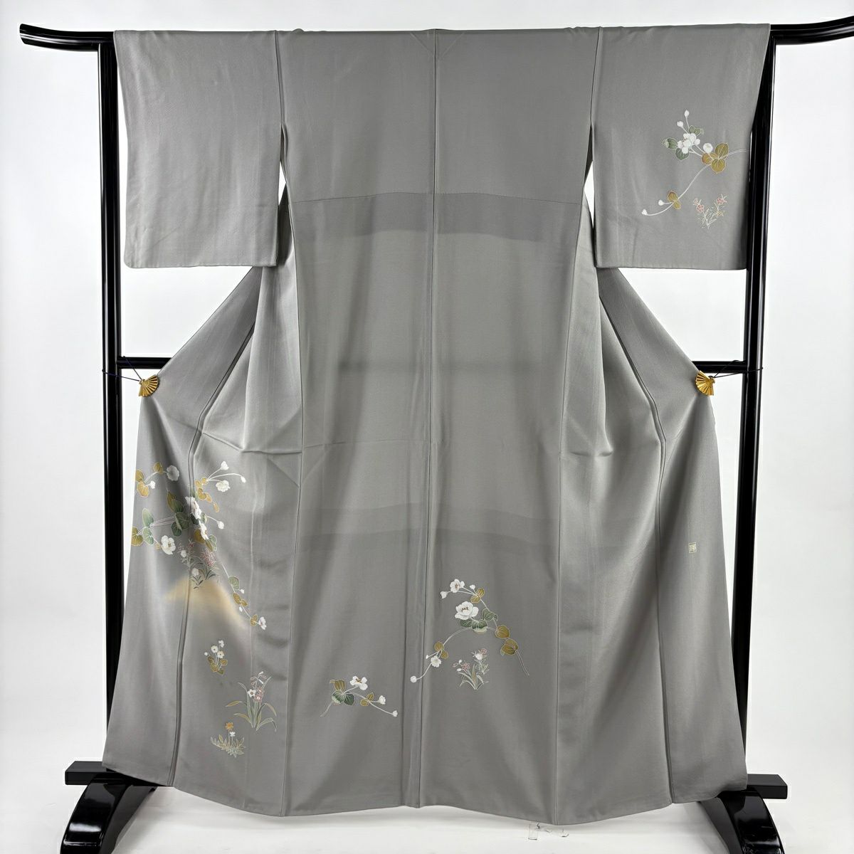 付下 身長162cm 袖長64cm M 雙層 落款有 枝花 漸層 灰色 純蠶絲 優品級