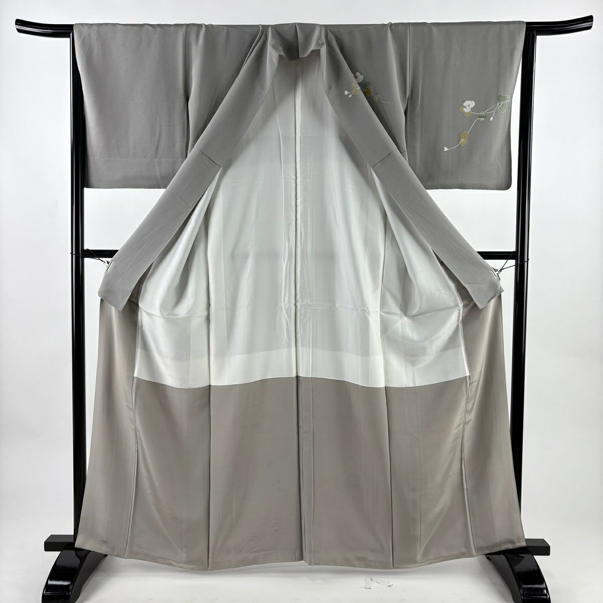 付下 身長162cm 袖長64cm M 雙層 落款有 枝花 漸層 灰色 純蠶絲 優品級