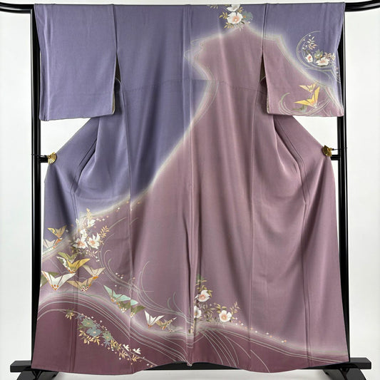 付下 身長157cm 袖長66.5cm M 雙層 枝花 若松樹 金銀彩 漸層 紫 純蠶絲 優品級