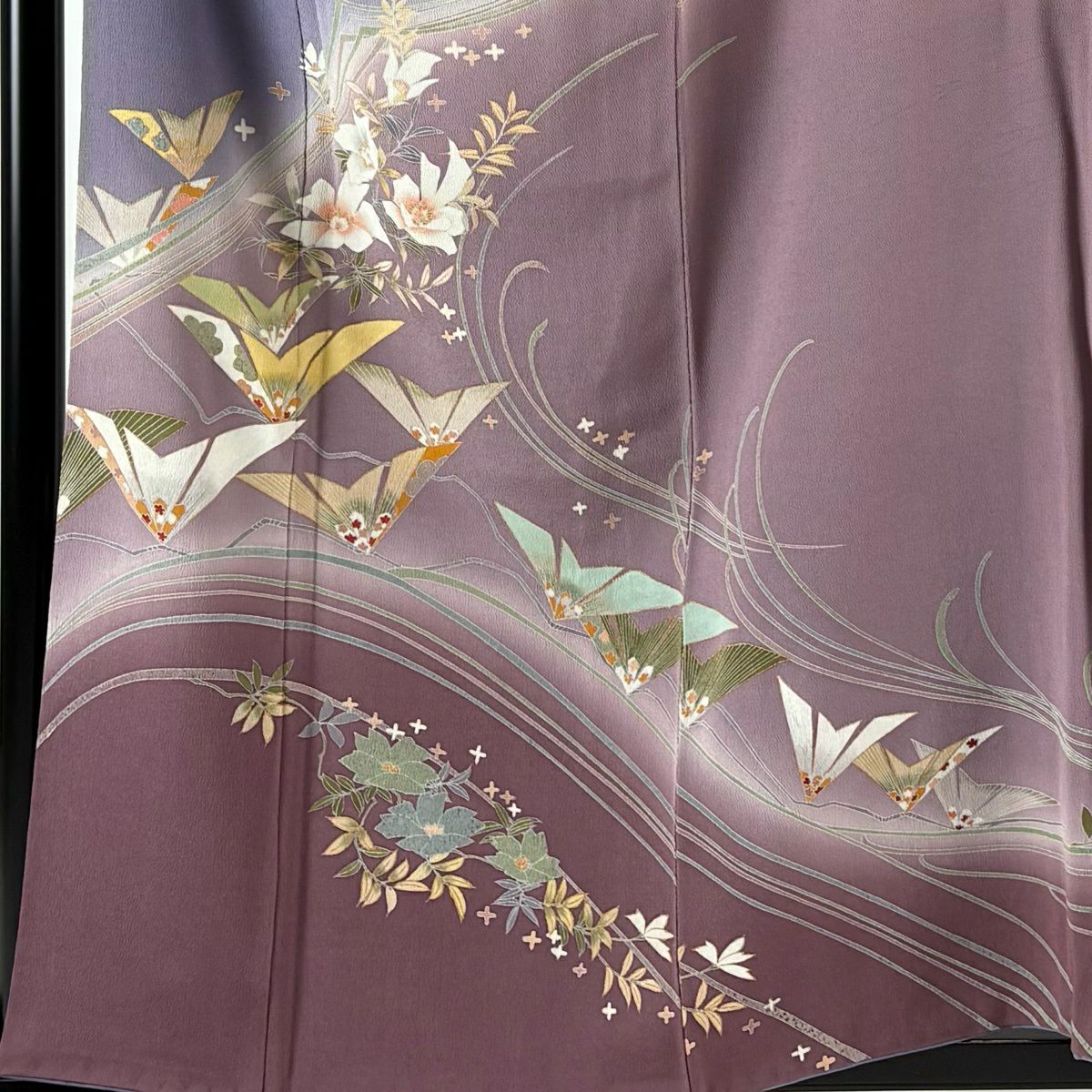 付下 身長157cm 袖長66.5cm M 雙層 枝花 若松樹 金銀彩 漸層 紫 純蠶絲 優品級
