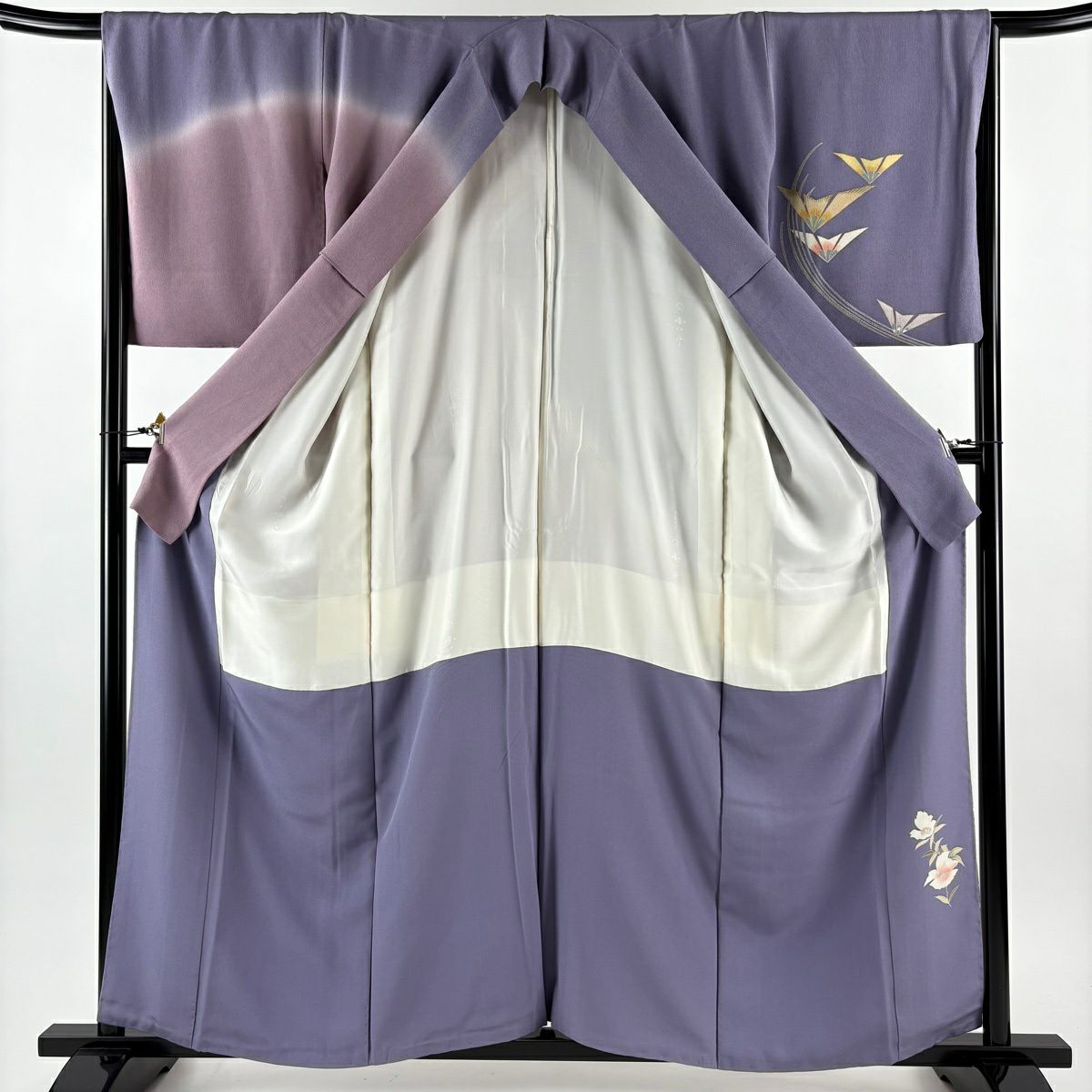 付下 身長157cm 袖長66.5cm M 雙層 枝花 若松樹 金銀彩 漸層 紫 純蠶絲 優品級