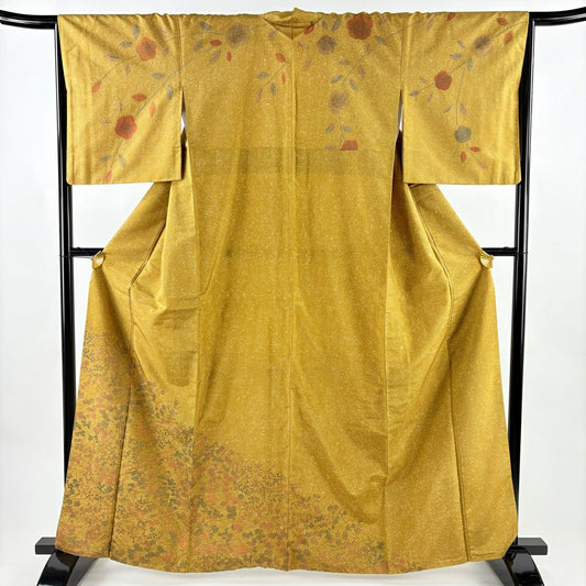 訪問服 身長163.5cm 袖長65.5cm M 雙層 紬織織 草花紋紋 幾何學圖案 山吹茶 純蠶絲 秀品級