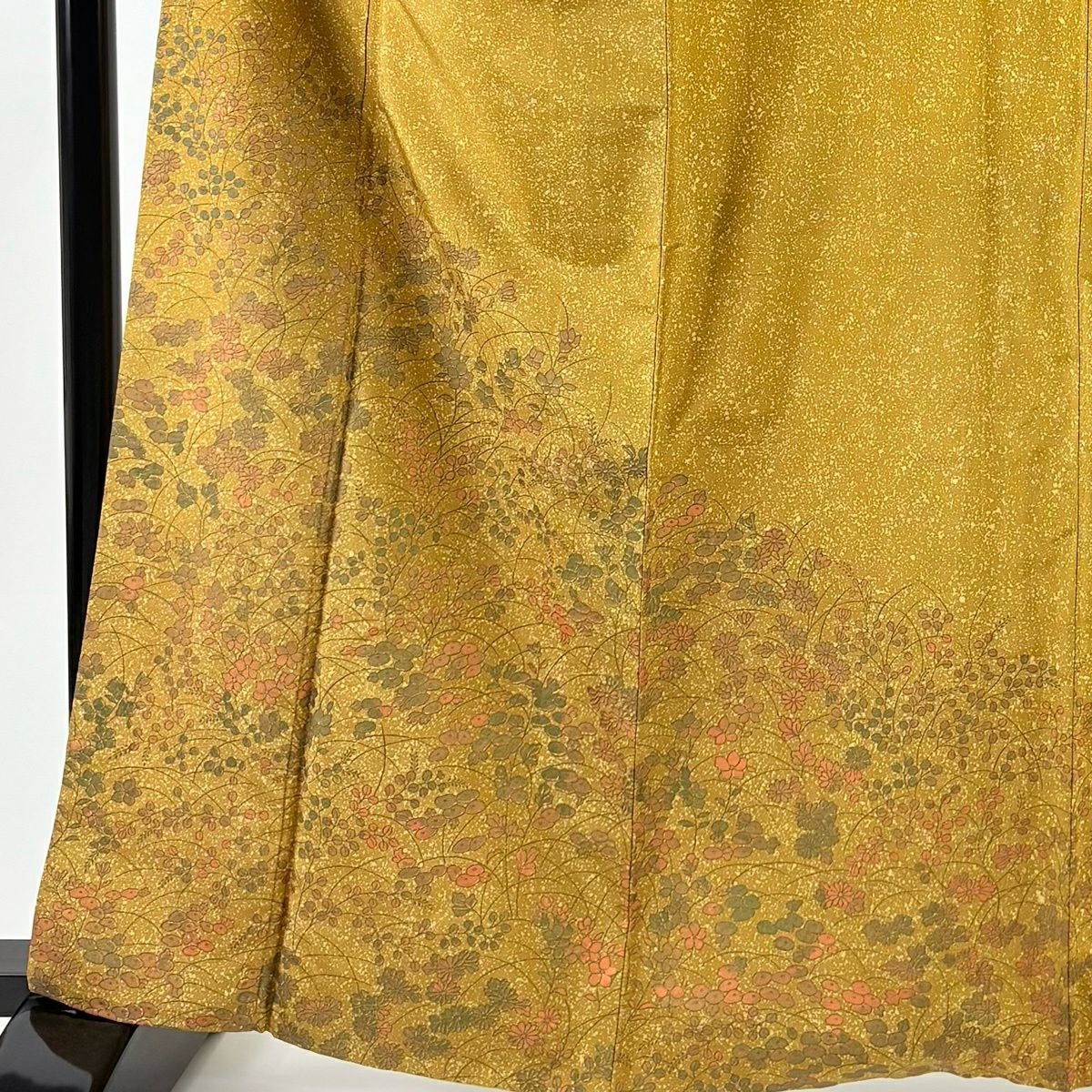 訪問服 身長163.5cm 袖長65.5cm M 雙層 紬織織 草花紋紋 幾何學圖案 山吹茶 純蠶絲 秀品級