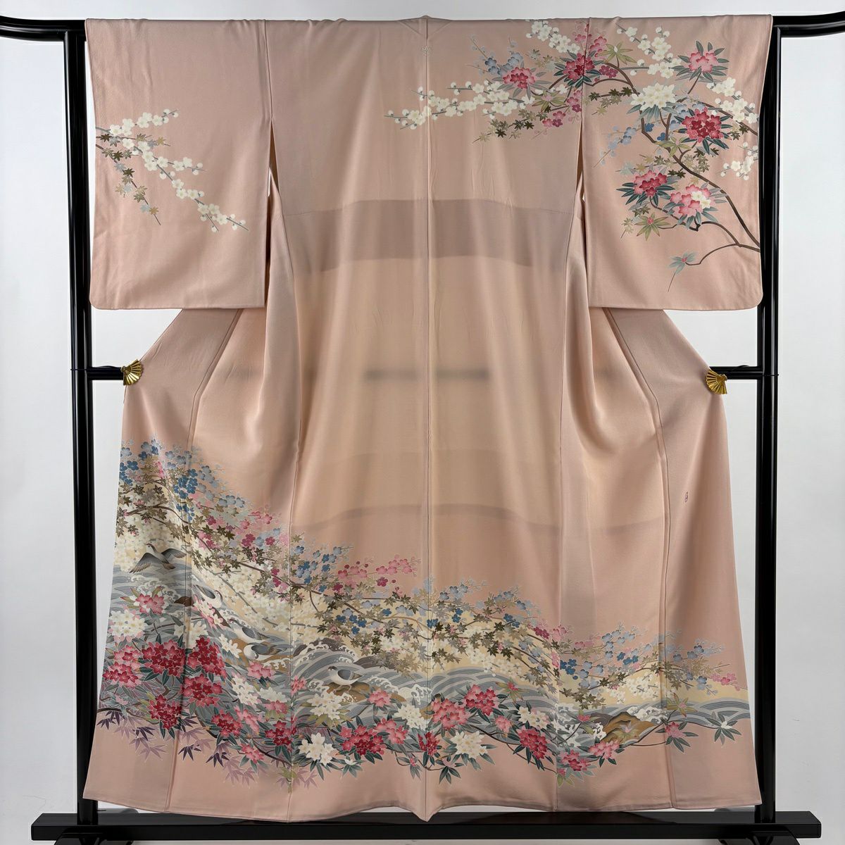 訪問服 身長157cm 袖長64.5cm M 雙層 落款有 枝梅花 花鳥 染分 薄粉紅 純蠶絲 秀品級 一個紋