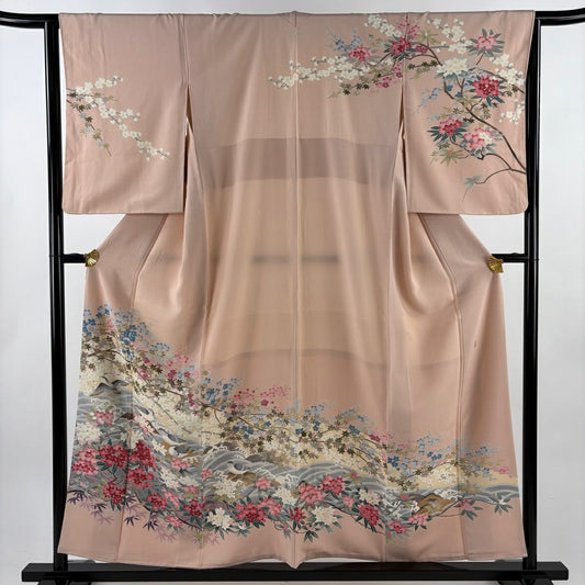 訪問服 身長157cm 袖長64.5cm M 雙層 落款有 枝梅花 花鳥 染分 薄粉紅 純蠶絲 秀品級 一個紋