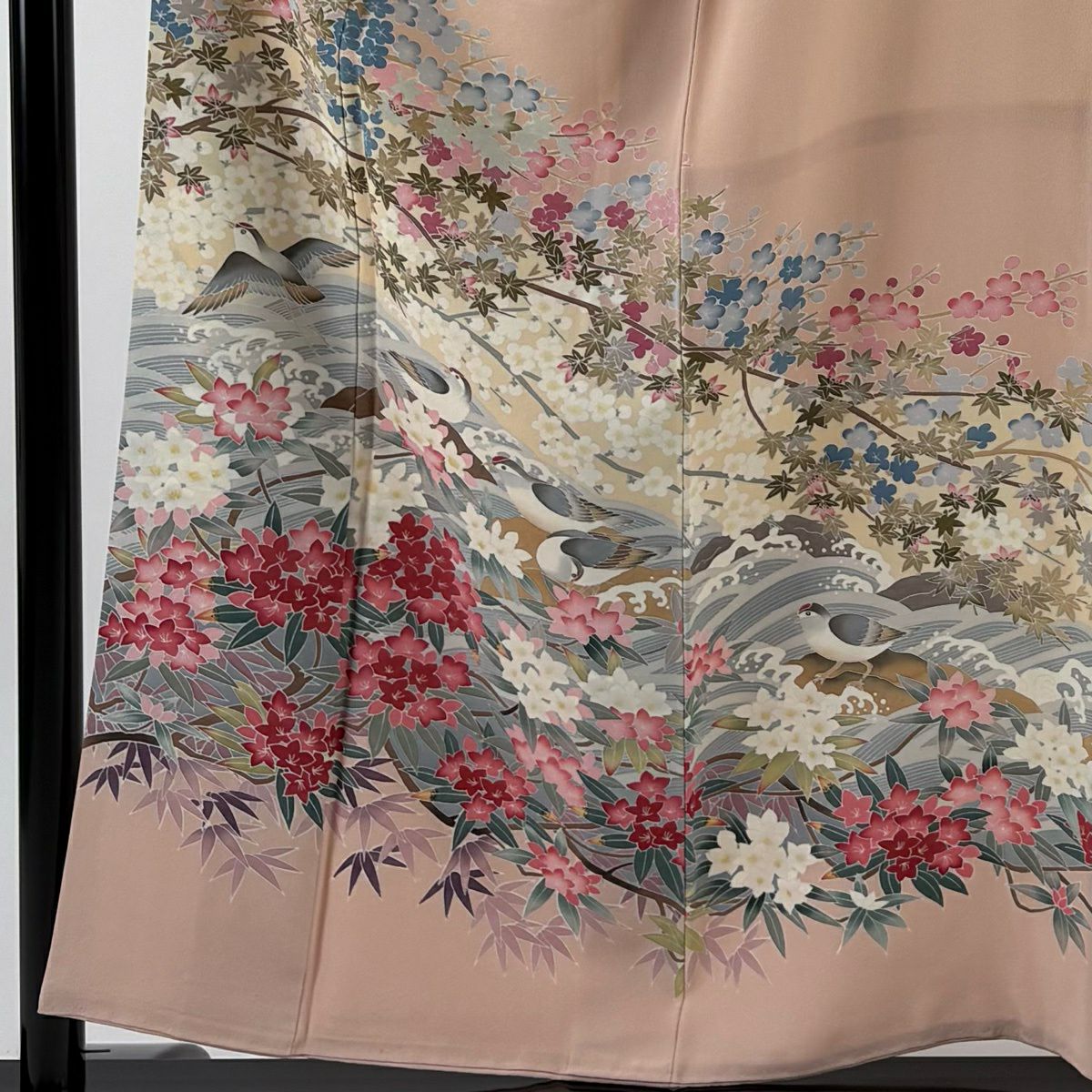 訪問服 身長157cm 袖長64.5cm M 雙層 落款有 枝梅花 花鳥 染分 薄粉紅 純蠶絲 秀品級 一個紋