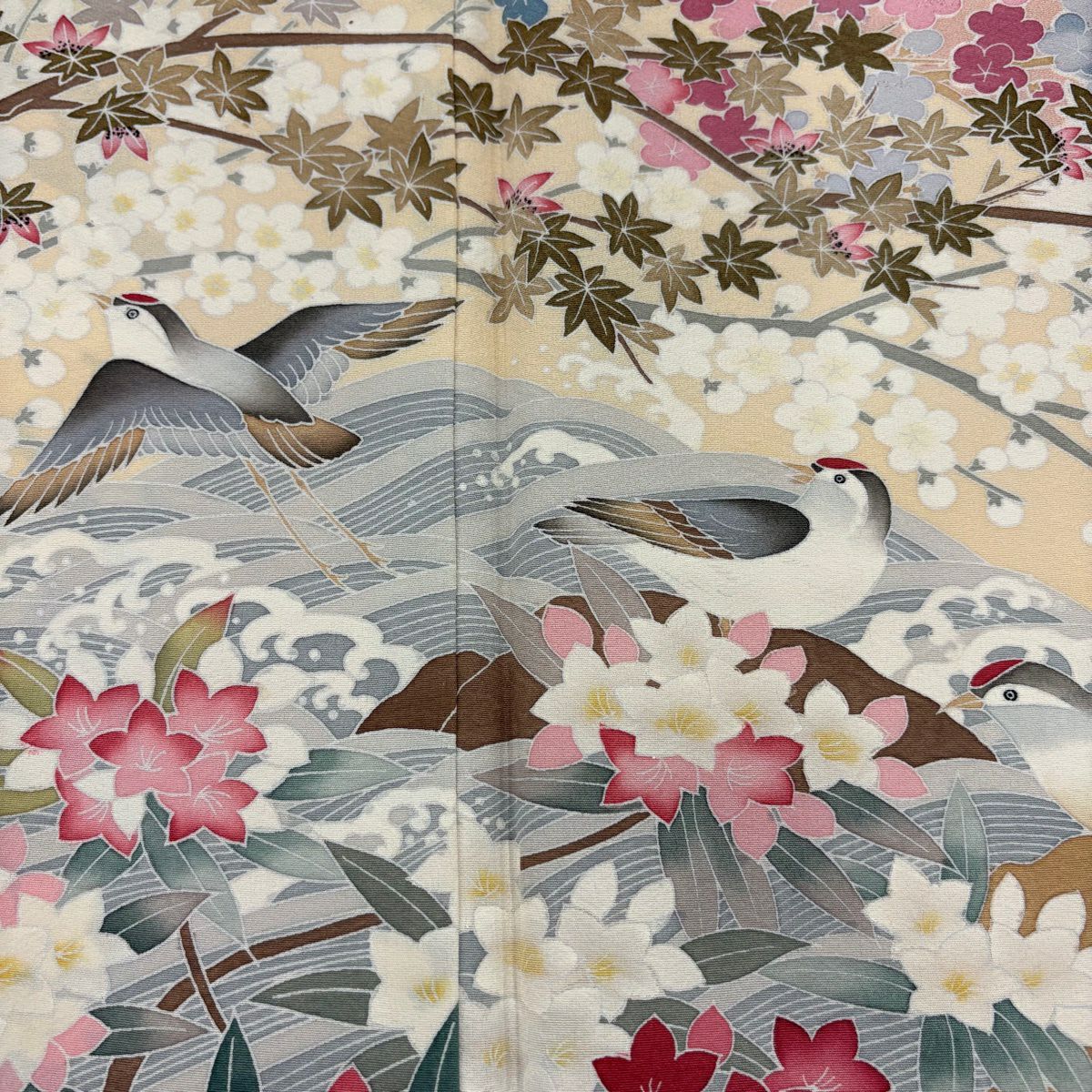 訪問服 身長157cm 袖長64.5cm M 雙層 落款有 枝梅花 花鳥 染分 薄粉紅 純蠶絲 秀品級 一個紋
