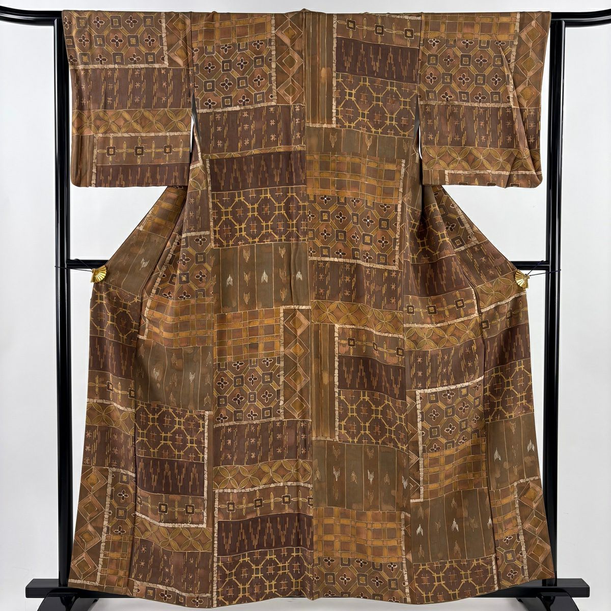 【美品】 小紋 身長160.5cm 袖長65cm M 雙層 七寶紋 幾何圖案 茶 純蠶絲 秀品級