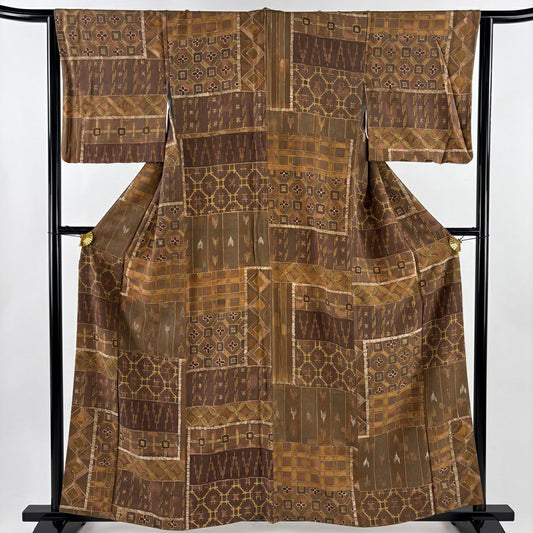 【美品】 小紋 身長160.5cm 袖長65cm M 雙層 七寶紋 幾何圖案 茶 純蠶絲 秀品級